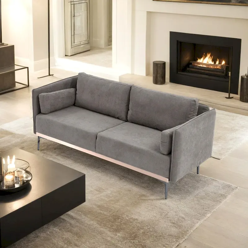 3-Seat Sofa with Stainless Steel Trim,Linen Fabric Couch,w/Metal Legs,for Living Room,Apartment,Office