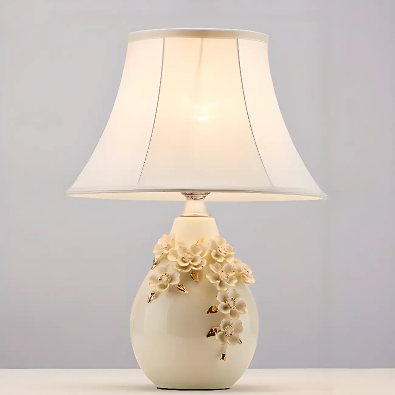 White Ceramic Ceramic Carved Table Lamp with Fabric Lampshade