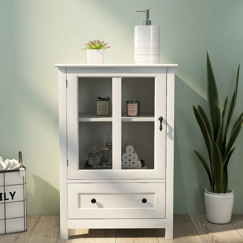 Buffet storage cabinet with glass doors and unique bell handle - 22.05x14.37x31.69