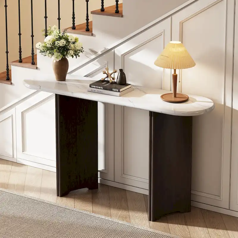 53.9 Console Table with Faux Marble Top & Wood Base