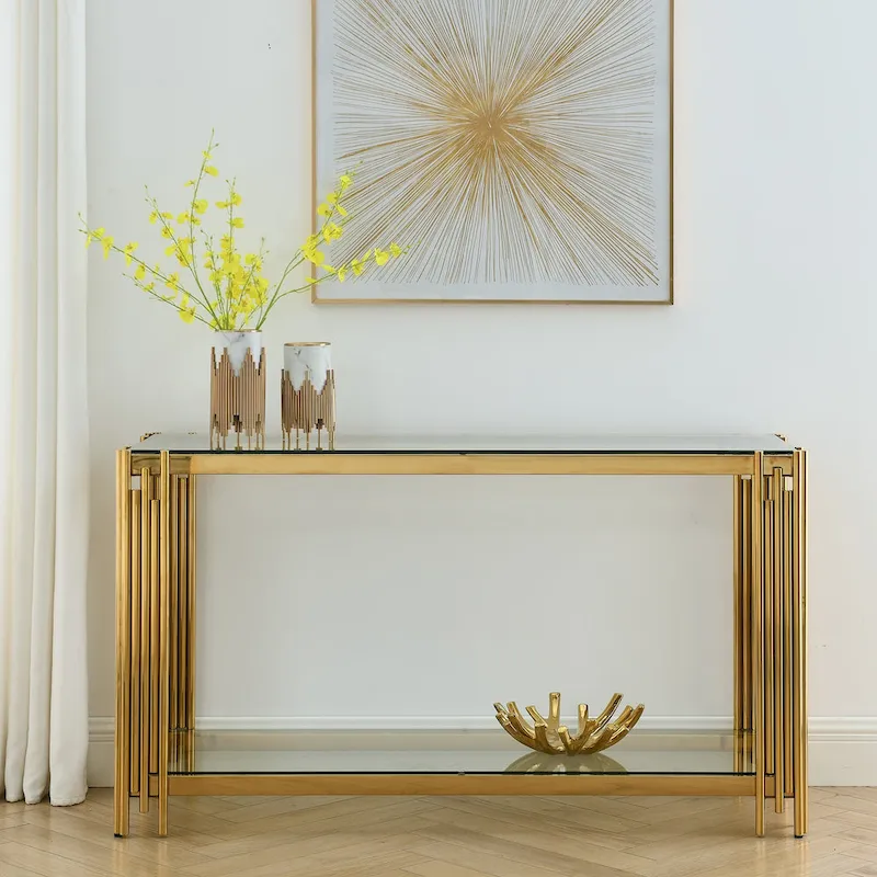 Narrow 2-tier Console Table with Gold Finished Metal Frame and Tempered Glass Top