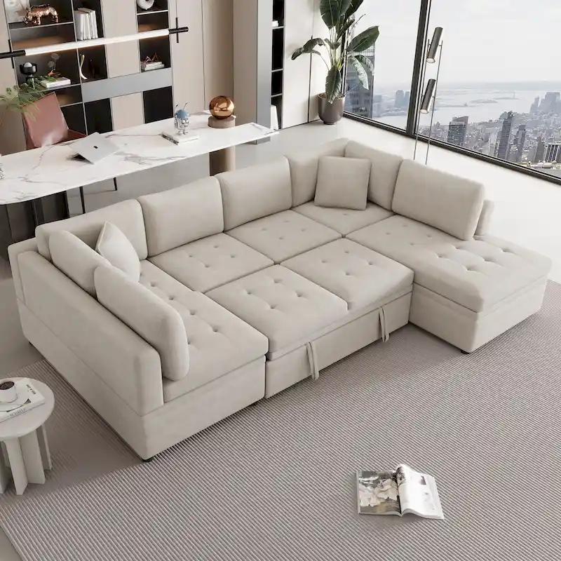 Beige 117 U-Shaped Oversized 6-Seater Sofa