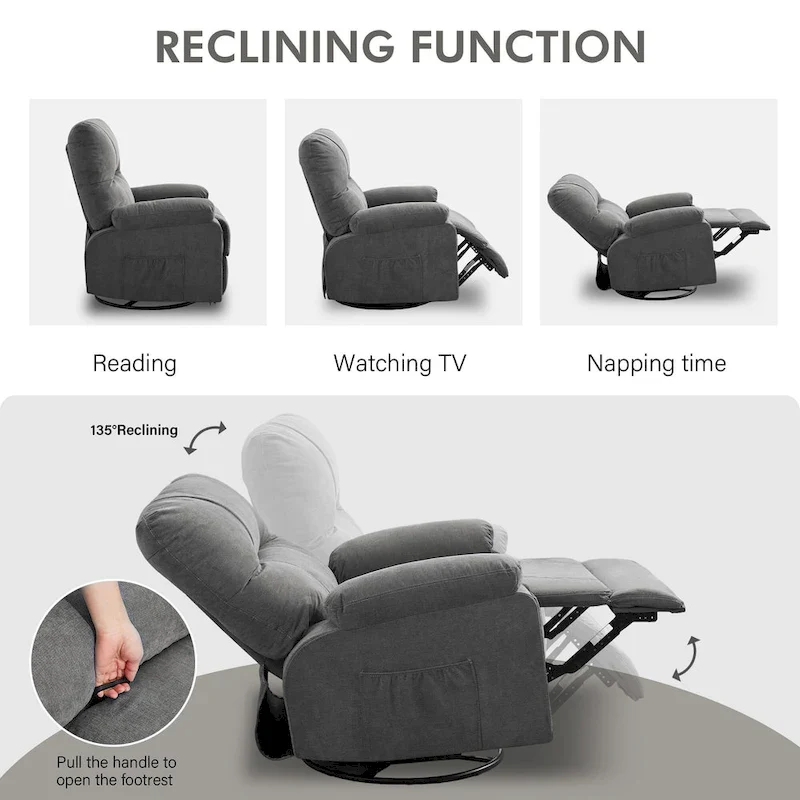 360 Swivel Manual Recliner Single Sofa Chair Fabric Lounge Chair with Pull Out Footrest and Side Pockets