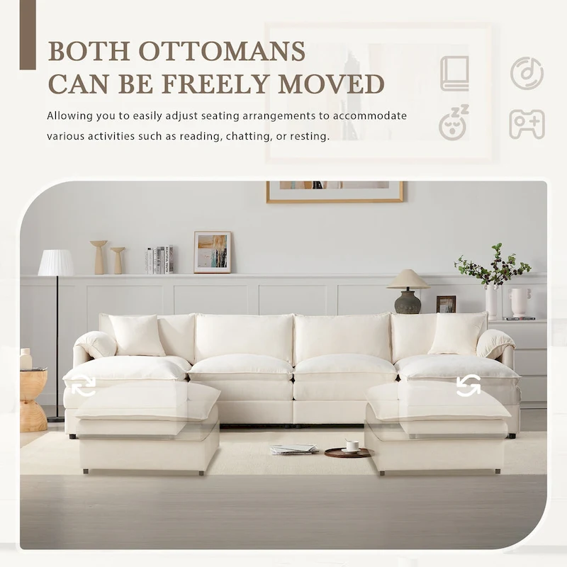 136  U-Shaped Chenille Cloud Sectional Sofa with Dual Ottomans