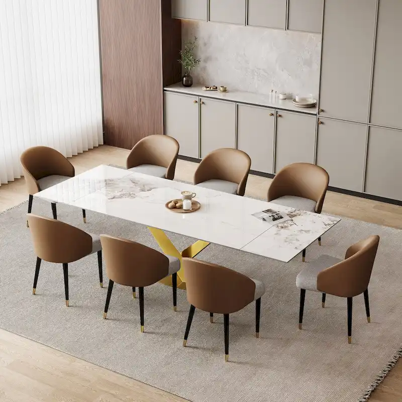 9 - Piece 94.48 Rectangular Extendable Sintered Stone Dining Table with 8 Faux leather Chairs Dining Set