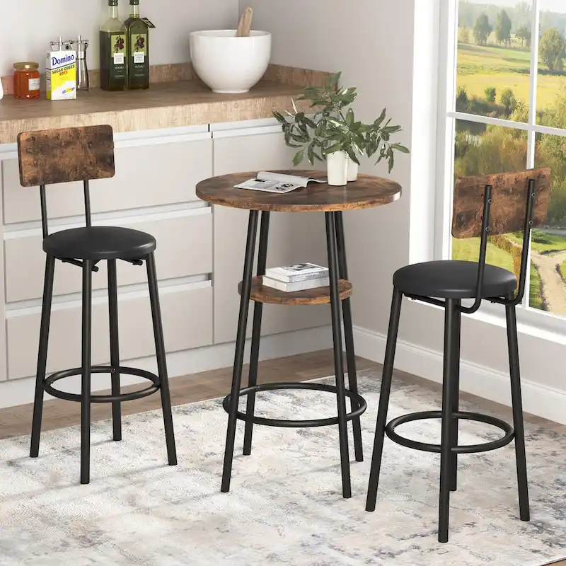 3 Pcs Dining Set, 2-Tier Round Bistro Bar Table & Upholstered Chair