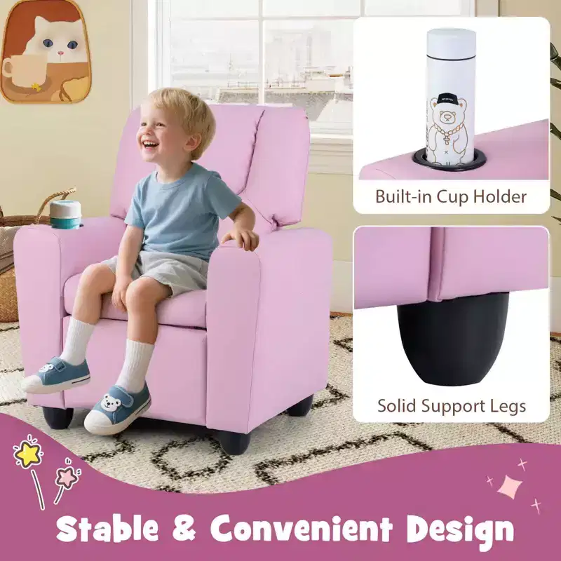Kids Recliner Chair with Cup Holder – Beige / Black / Brown / Pink, Push-Back Style, 1-Seat