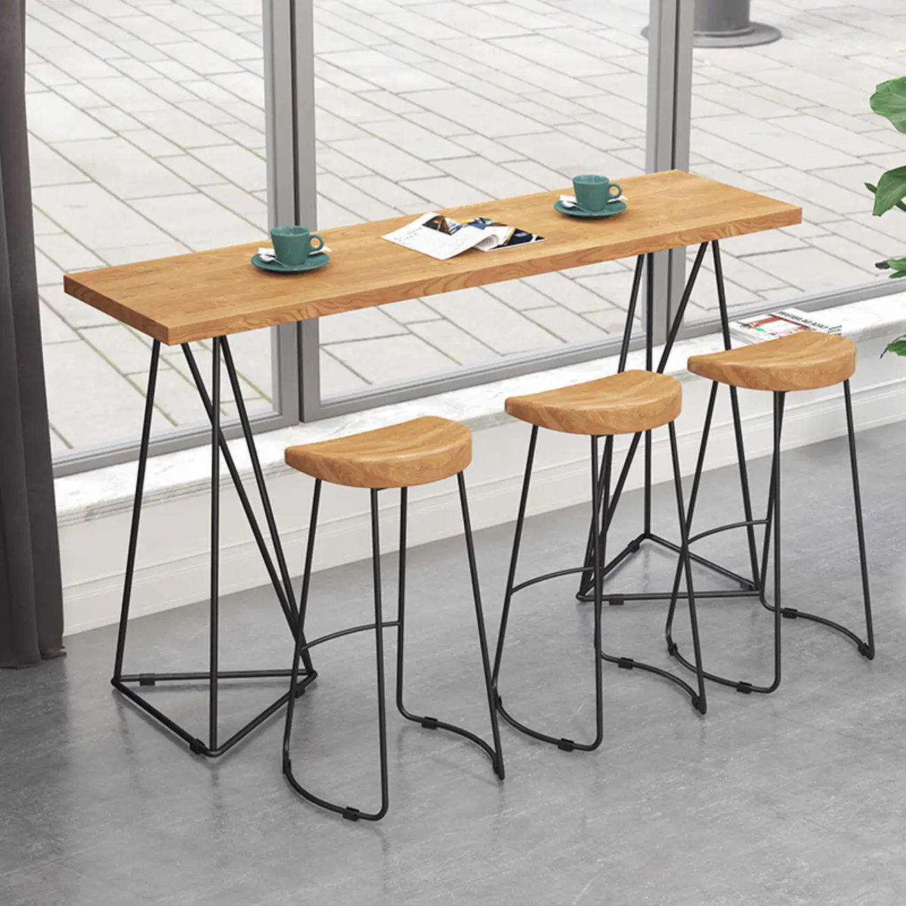 Glam Natural Finish Wooden Fixed Top Bar Tables