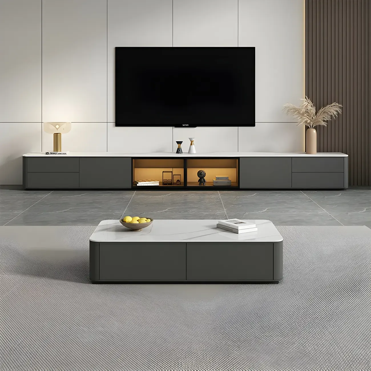 Living Room Grey Stone Long TV Stand with Drawers & Cabinet
