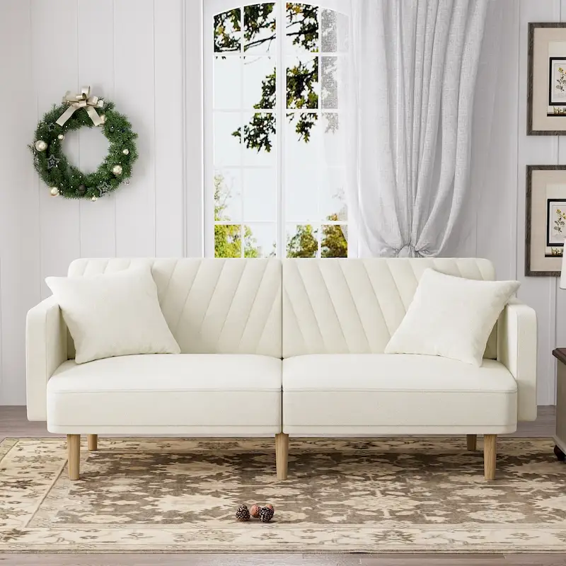 Upholstered Tufted Convertible Futon Sofa Bed, Velvet Sleeper Couch, 3 Seater Tufted Sofa with Adjustable Backrests