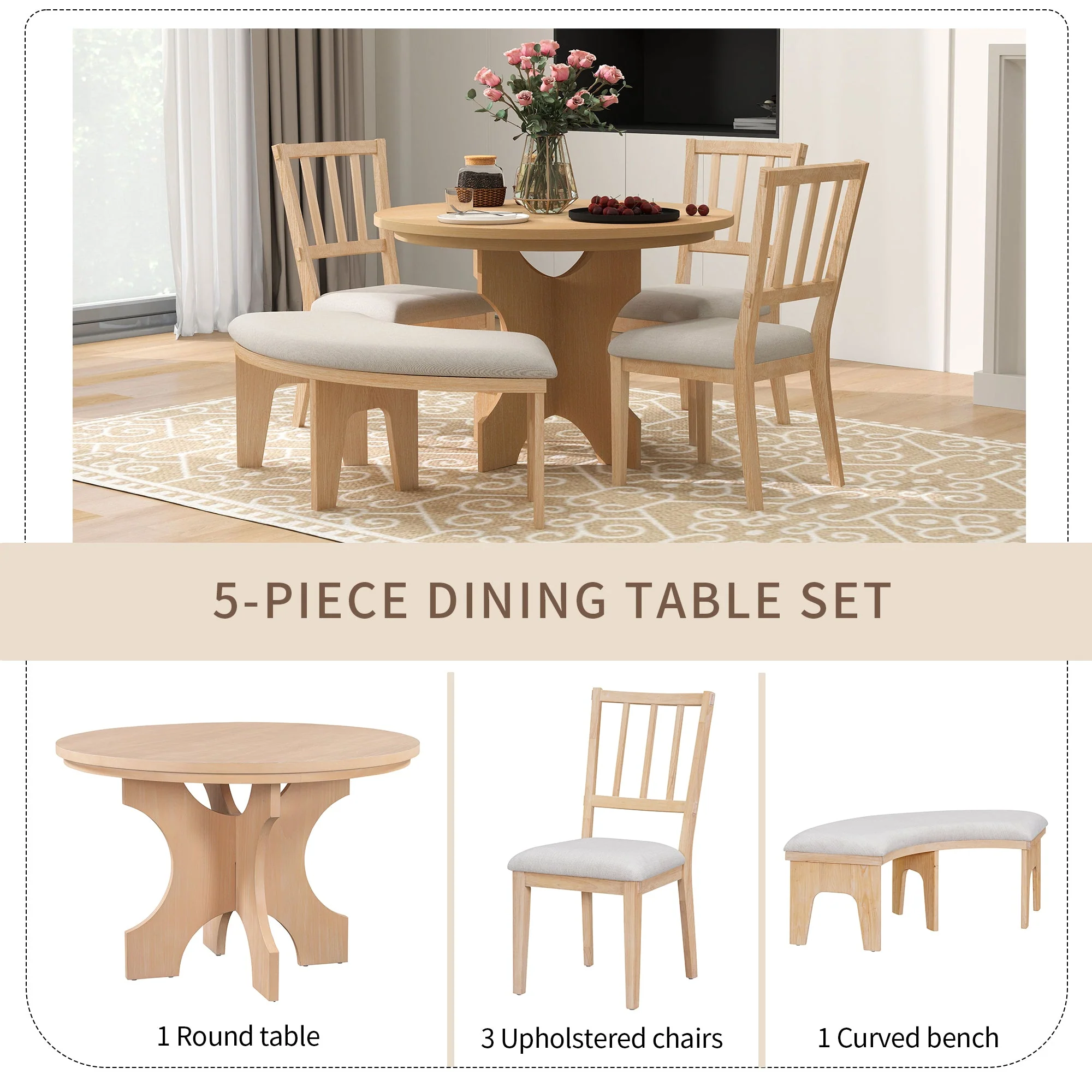 Walker Edison | Charming 5-Piece Rustic Round Dining Set with Chairs and Curved Bench