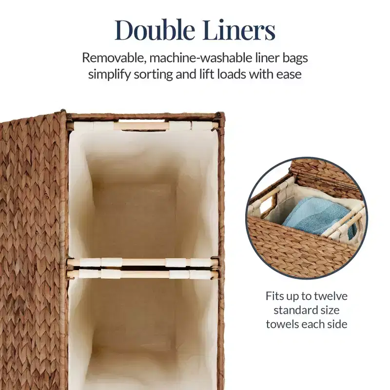 Best Choice Products Large Natural Water Hyacinth Double Laundry Hamper Basket w/ 2 Liner Bags, Handles