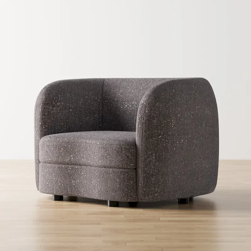 Modern Boucle Accent Chair with Curved Arms, Kidney Seat & Round Wood Legs