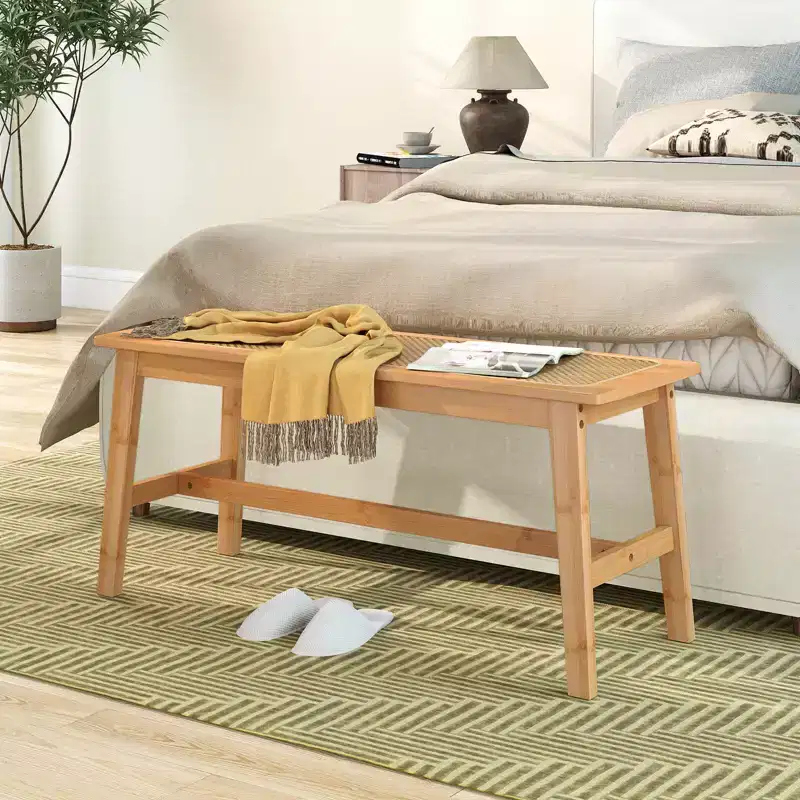 Costway 39.5 Bamboo Dining Bench with Handwoven Rattan Seat, Wooden Entryway Bench
