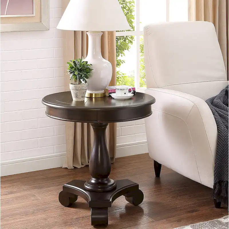 Rene Round Wood Pedestal End Table with Scrolled Legs