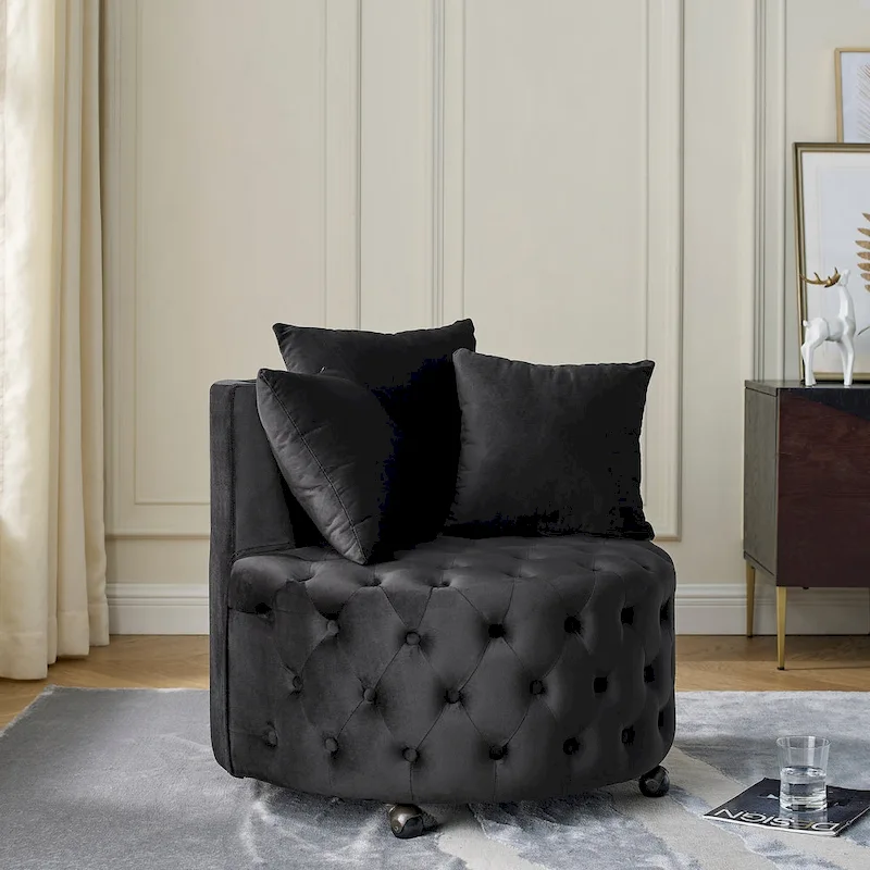 Living Room Velvet Swivel Chair with Button Tufted Design, 3 Pillows & Movable Wheels
