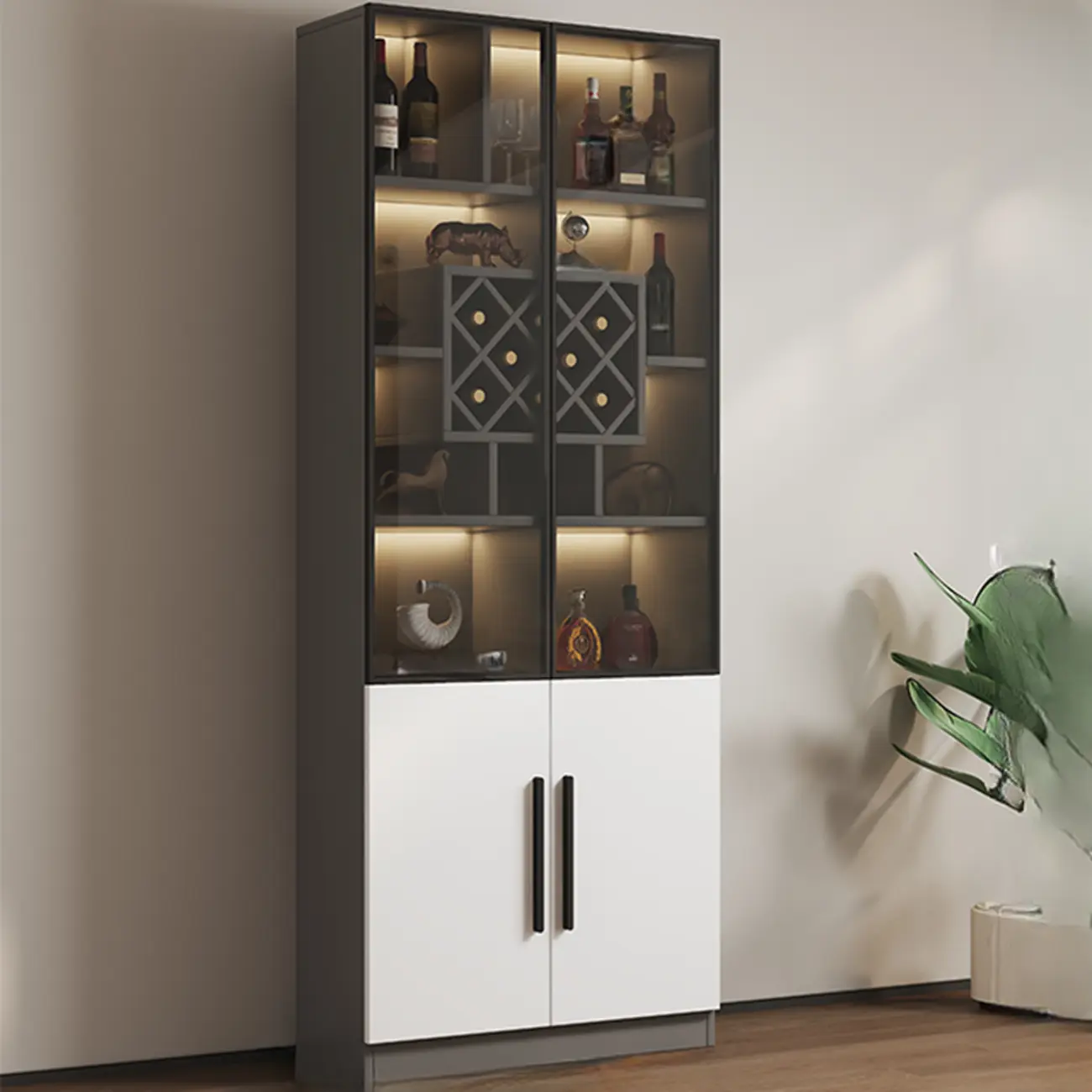 Modern White Wood Wine Storage Display Cabinet with Light