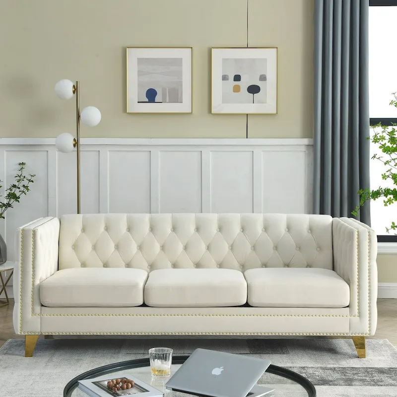 2-Pieces Velvet Upholstered 3 Seat Sofa, Classic Chesterfield Couch Buttons Tufted Square Arm Sofa with Nailheads and Metal Legs