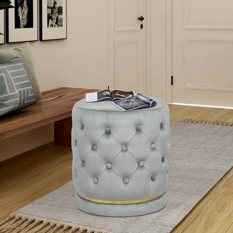 Adeco 18.3 Height Button Tufted Upholstered Round Ottoman