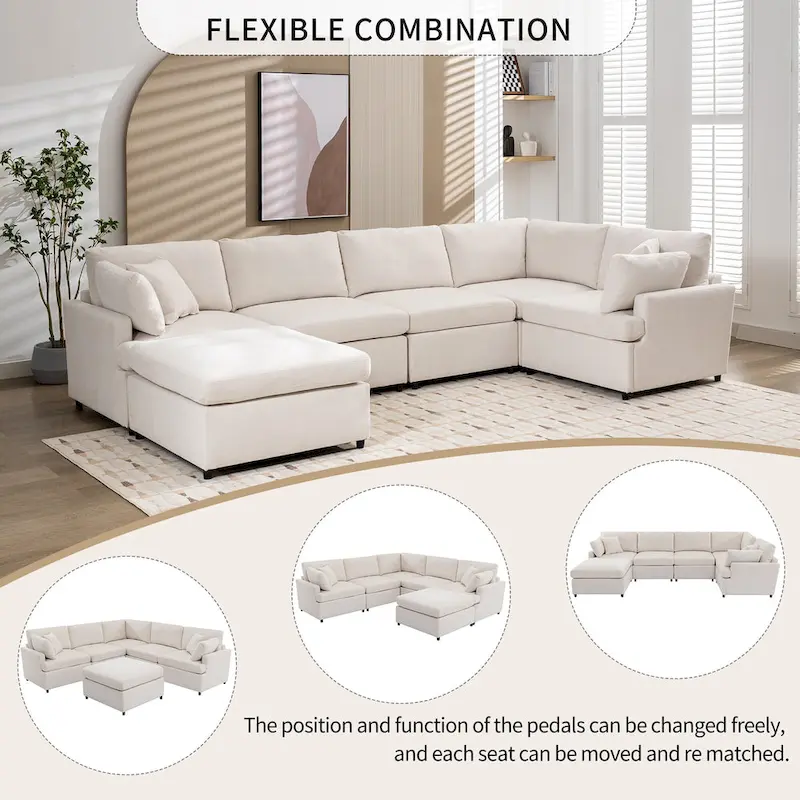 100.4 Spacious U-Shape 6 Seater Sectional Sofa with Removable Ottomans and Pillow, Flexible Configuration