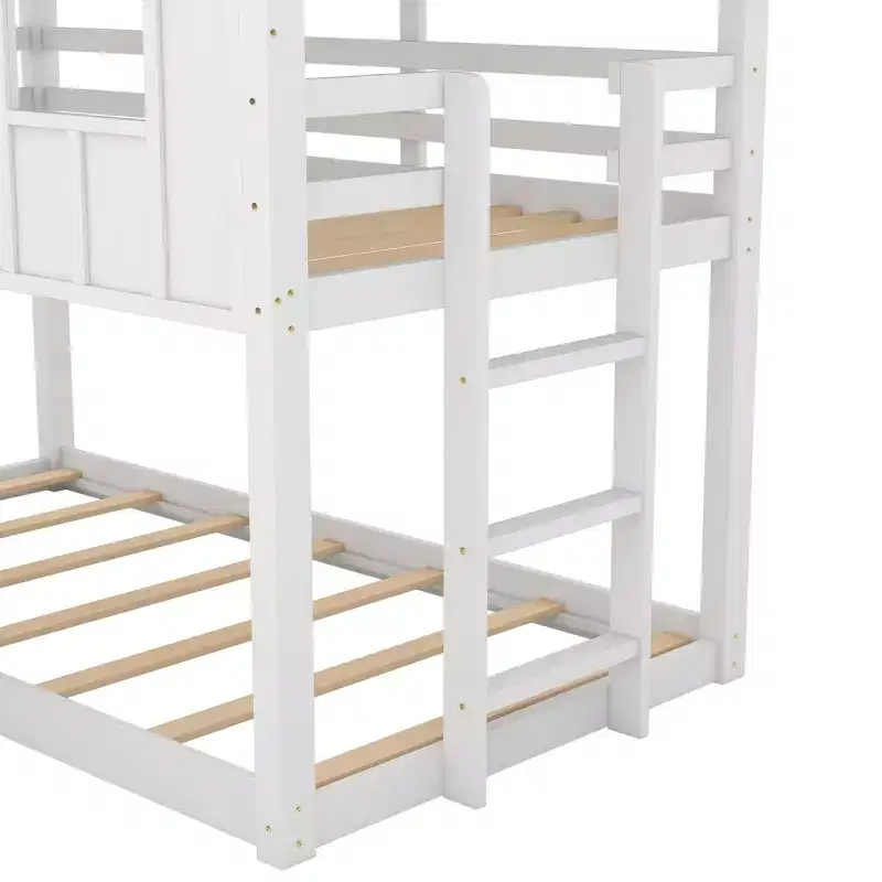 Whisen Twin over Twin House Bunk Bed with Slide and Windows - White