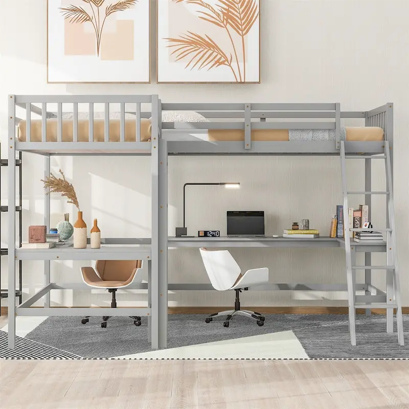 Merax Wood Twin Size L-Shaped Loft Bed with Ladder and 2 Built-in L-Shaped Desks