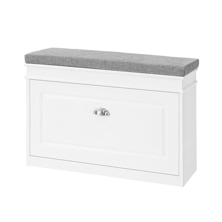 Hallway Shoe Bench with Flip Storage & Padded Cushion, White/Black/Grey, MDF, 150kg