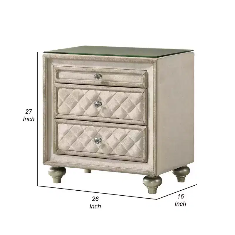 Beige Velvet Upholstered 2-Drawer Nightstand with Glass Top