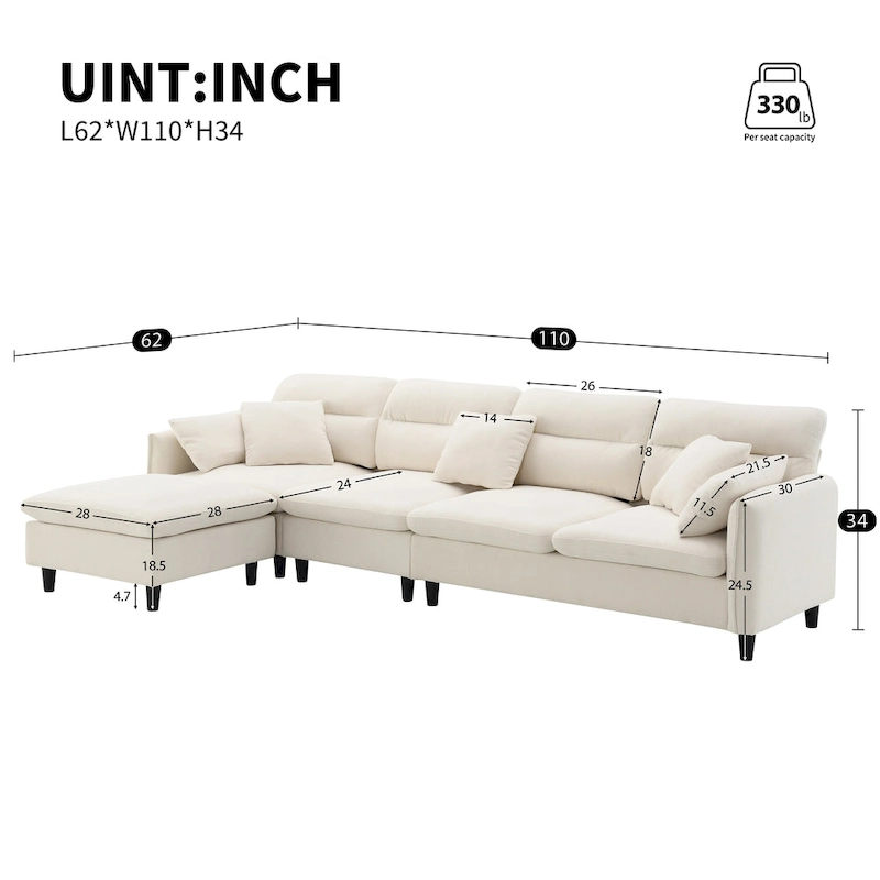 110  Modern L-Shaped Convertible 5-Seat Sectional Sofa with Removable Ottoman and 5 Cushions, Plush Chenille Fabric