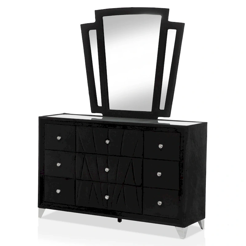 Ambrosia Glam Black Fabric Upholstered Nailhead 5-Piece Panel Bedroom Set by Furniture of America