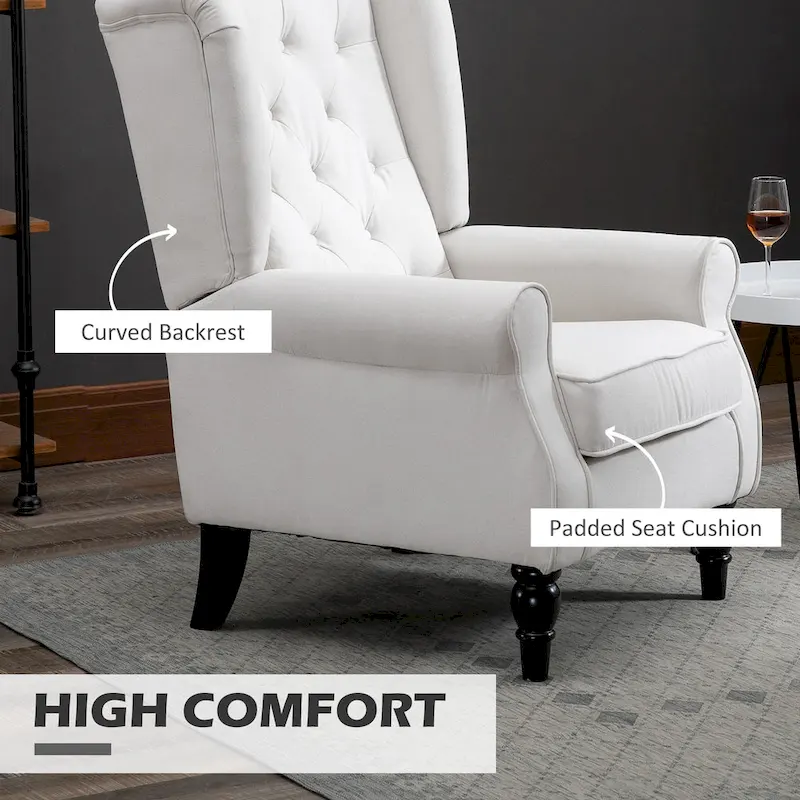 High Wingback Button-Tufted Accent Chair, White, Eucalyptus Legs, Seats 1