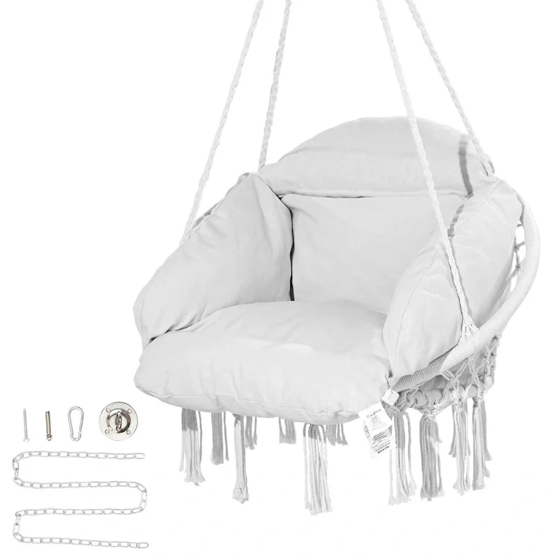 Hanging Hammock Swing Chair, Macram Hanging Chair with Cushion and Mounting Hardware, Cotton Rope Swing Chair