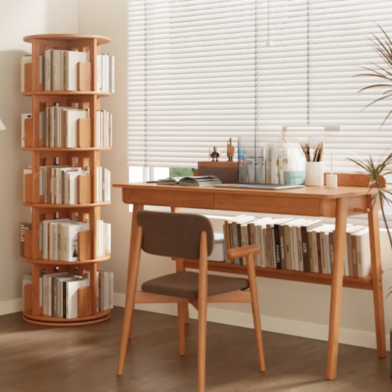 Narrow Cherry Wood Vertical 6 Shelf Rotating Bookshelf