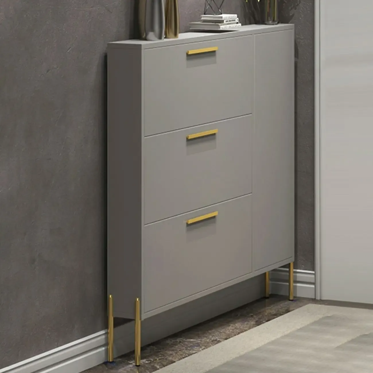 3-Tier Narrow Dark Gray Drop-Front Wood Shoe Cabinet