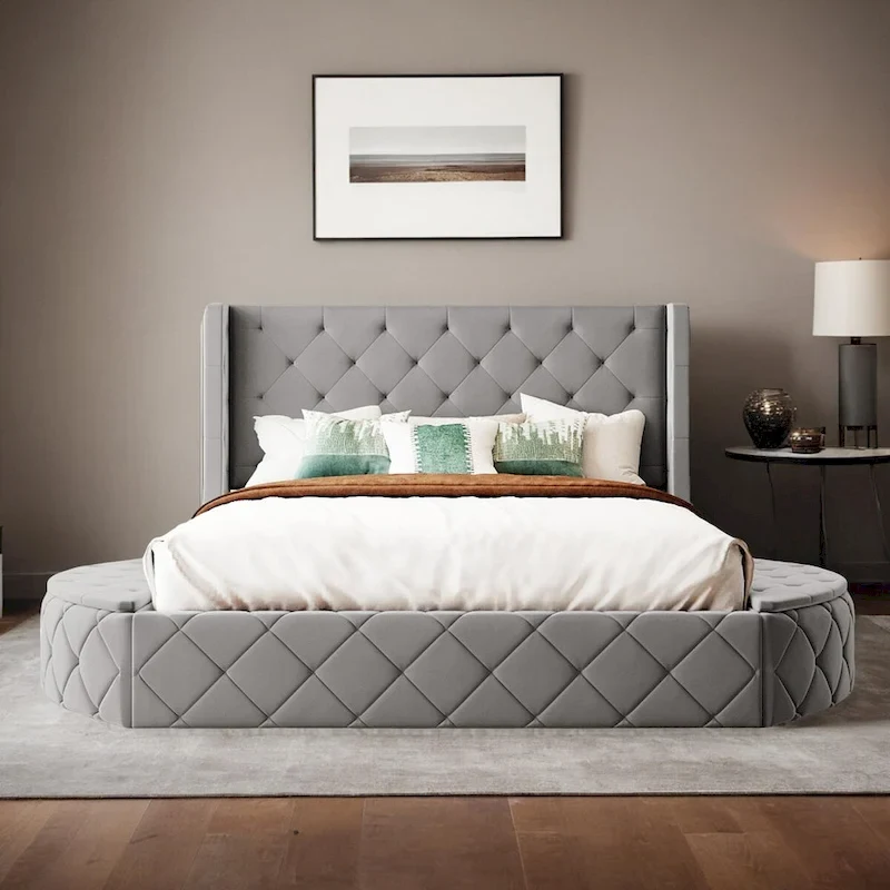 Upholstered Platform Bed Queen Size Storage Velvet Bed with Wingback Headboard and 1 Big Drawer,2 Side Storage Stool