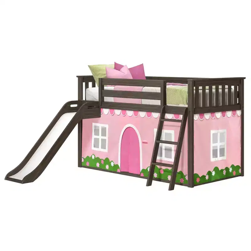 Twin Over Twin Low Bunk With Easy Slide & Light Pink & White Farmhouse Curtain