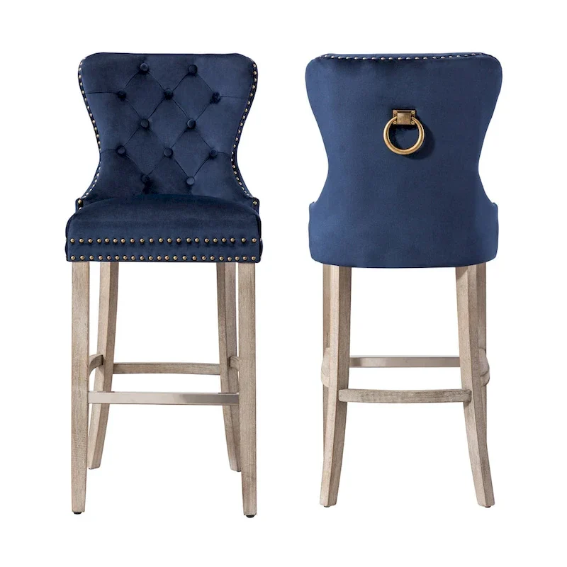 Carter 29 Wingback Tufted Nailhead Bar Stool (Set of 2), Antique Grey Legs