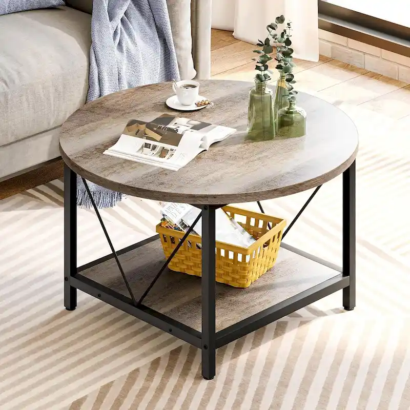 Industrial 2-Tier Round Coffee Table with Shelf