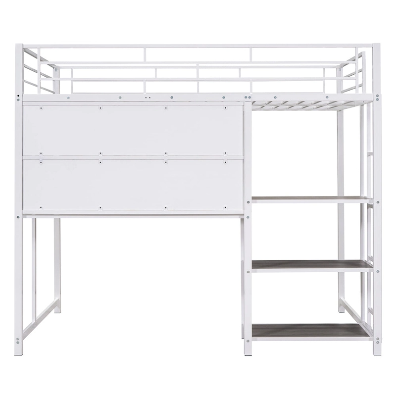 Metal Loft Bed with 3 Shelves and Ladder