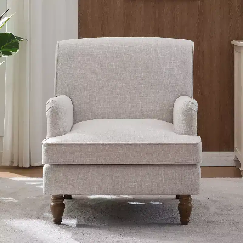 Vintage Accent Chair, Upholstered Linen Fabric Armchair with Solid Wood Legs, Single Sofa Reading Chair for Living Room, Bedroom, Beige
