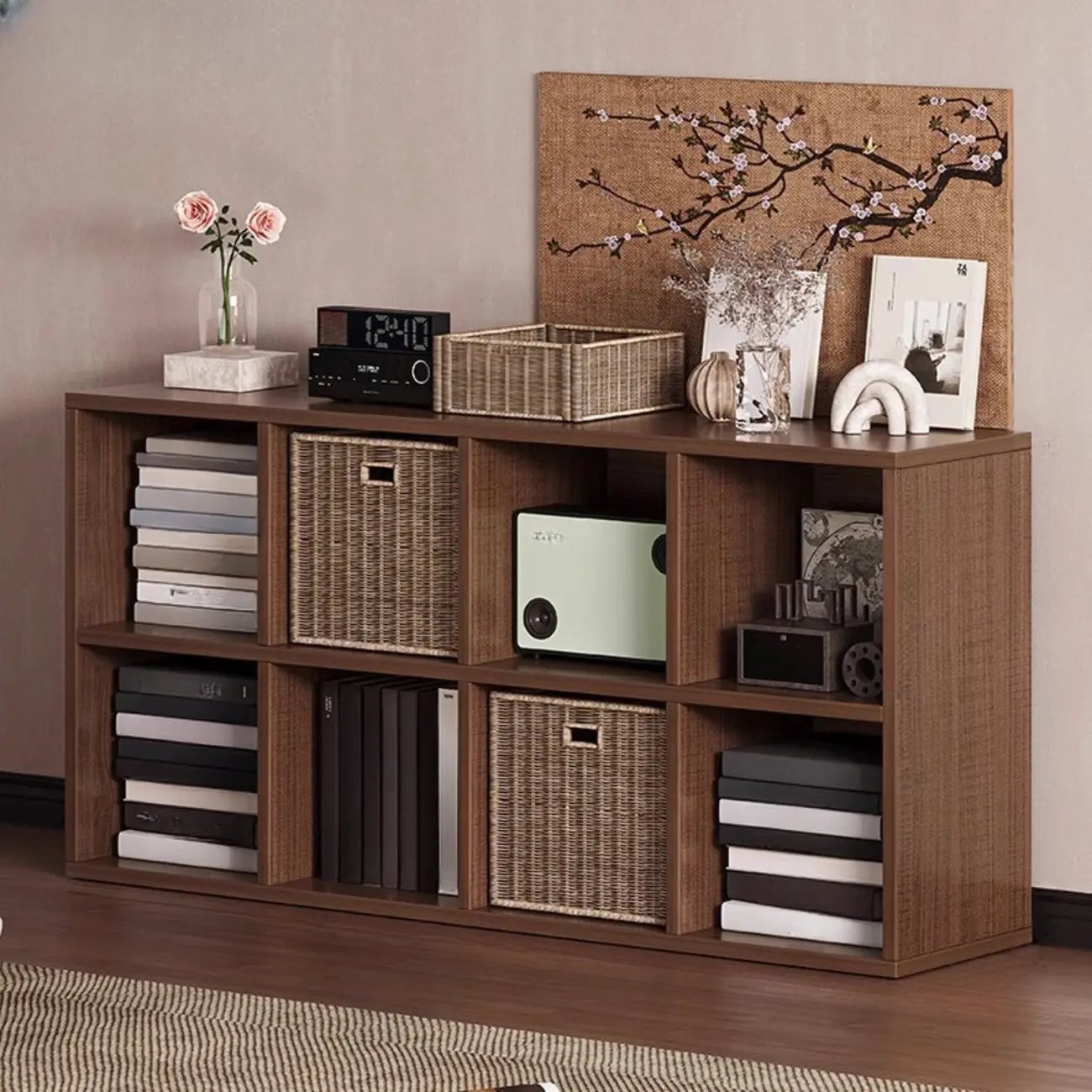 Simple Walnut 8-Cube Wood Bookcase