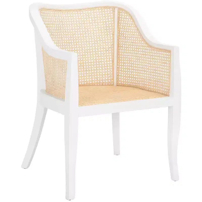 Cane Dining Arm Chair – Elm Wood Frame, Curved Back, White, 275 lb Capacity