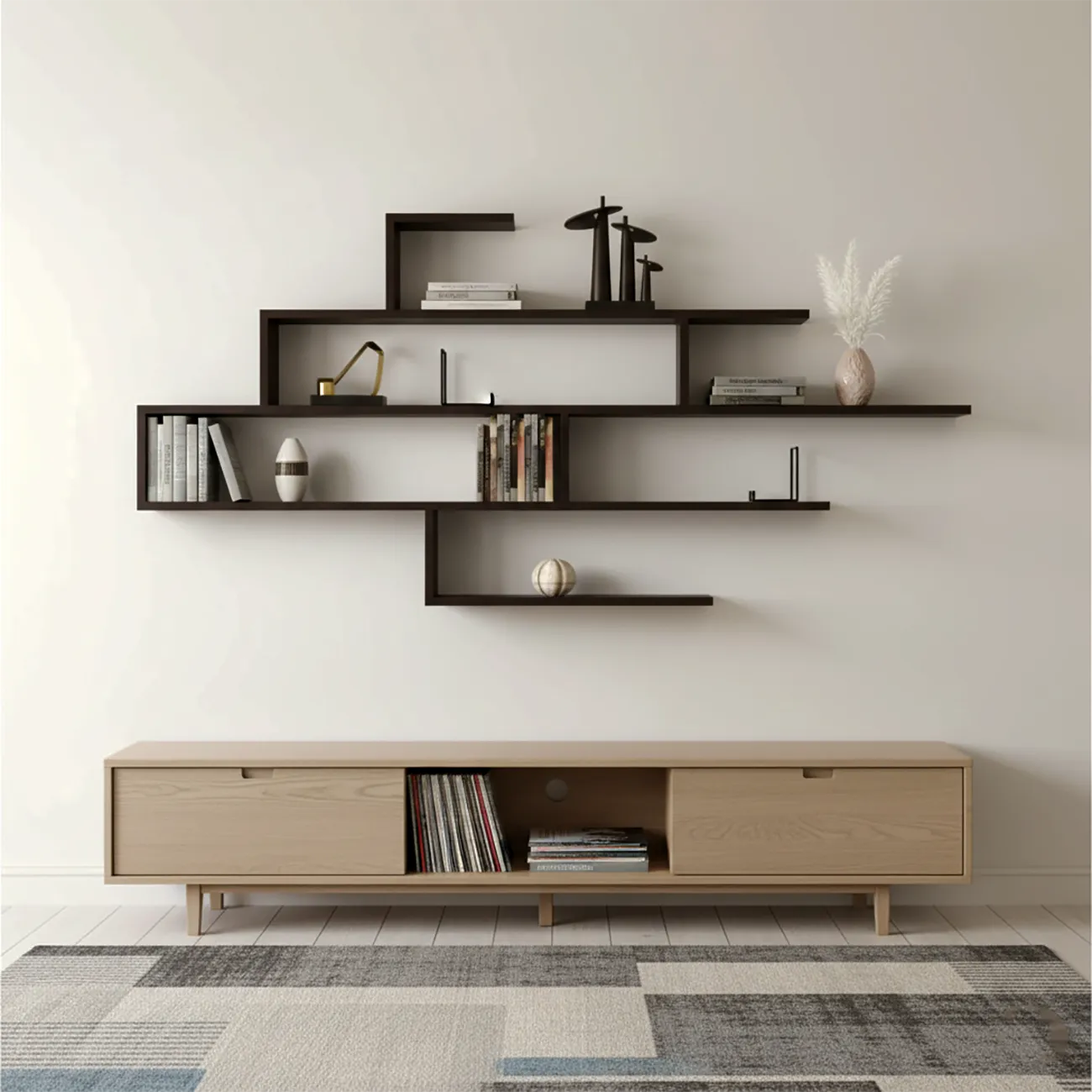 Minimalist Black Wood Geometric Wall-mounted Bookshelf