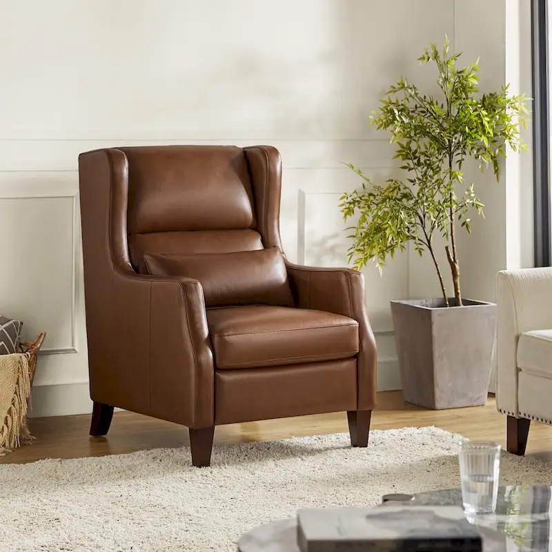 Genuine Leather Wingback Armchair with Lumbar Pillow