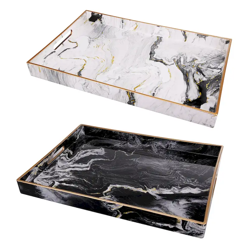 A&B Home Quinn Black and White Marble Rectangular Trays