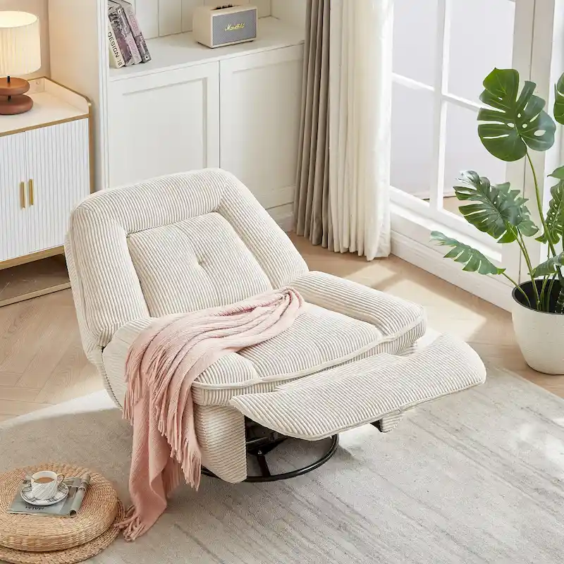 Corduroy Swivel Glider Recliner, Footrest for Living Room