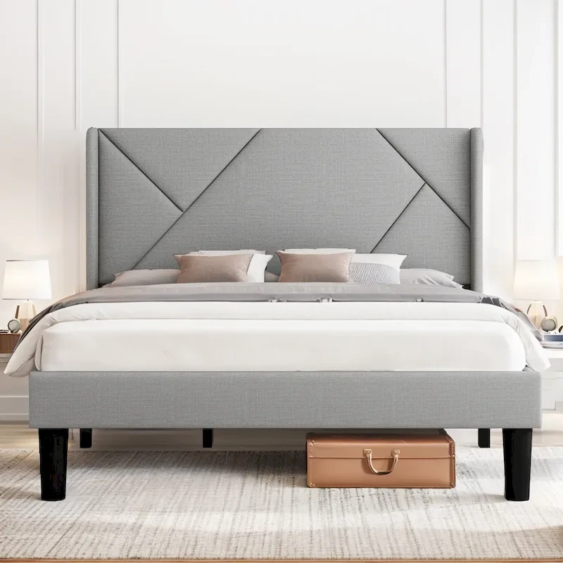 Queen Size Platform Bed Frame with Fabric Upholstered Headboard and Wooden Slats Support, No Box Spring Needed/Easy Assembly
