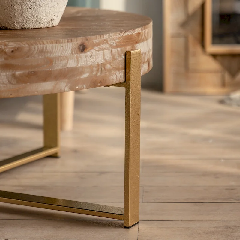 31.29Modern Retro Splicing Round Coffee Table , Fir Wood Table Top with Cross Legs Metal Base