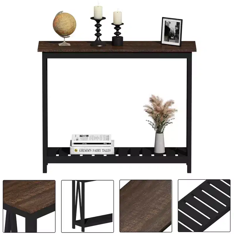 Black Frame Brown Top Rustic Console Table with Lower Shelf, 1-Person