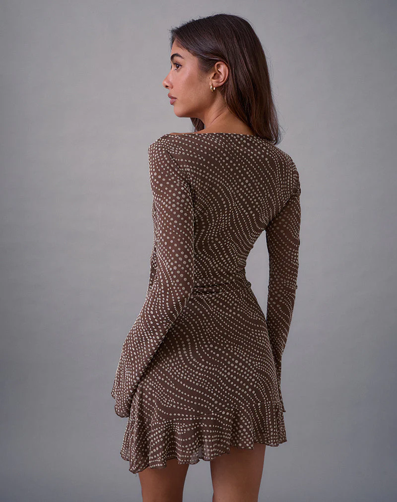 Sumiko Mini Dress in Abstract Polka Flock Brown